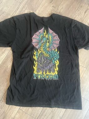 Volcom Black Tee with Teal, Yellow and Pink Dragon Print